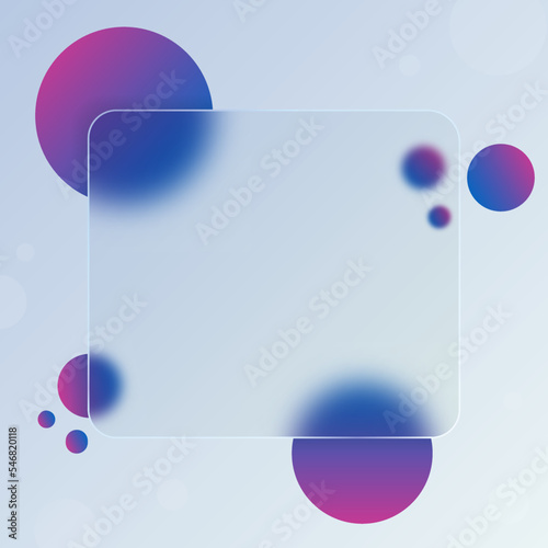 Transparent frame in glassmorphism style. Glass morphism concept with 3d geometric bright purple and blue shape. Frosted glass effect. Square frame for text on light blurred gradient vector background