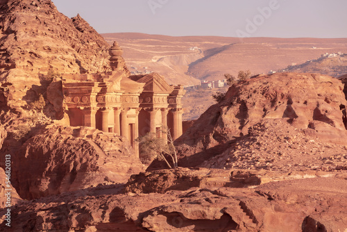 Ad Deir Monastery in the ancient city of Petra, Jordan sunset panoramic view, UNESCO World Heritage Site
