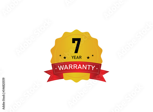 7 year warranty golden seal, stamp, badge, stamp, sign, label with red ribbon isolated on white background.