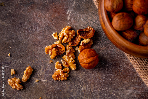 Walnuts on the table.
Healthy food image.

