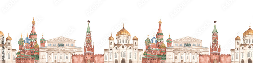 Watercolor seamless border with the sights of Russia, the Bolshoi Theatre, the Kremlin, the Cathedral, the Temple in Moscow on a white background