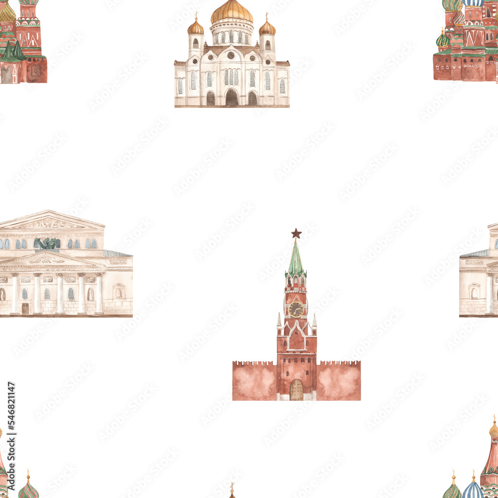 Watercolor seamless pattern with Russian landmarks, Kremlin, St. Basil's Cathedral, Cathedral of Christ the Savior, Bolshoi theater