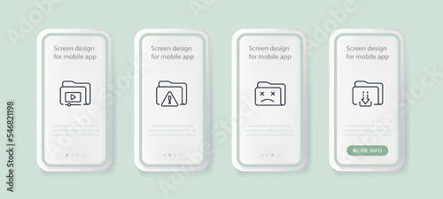 File set icon. Create, folder, diskette, data set, star, configure, protect, player, pause, important, download, paid information, image, liked. Online concept. Ui phone up screen. Neomorphism style