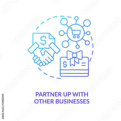 Partner up with other businesses blue gradient concept icon. Company promotion. Finding customers strategy abstract idea thin line illustration. Isolated outline drawing. Myriad Pro-Bold font used
