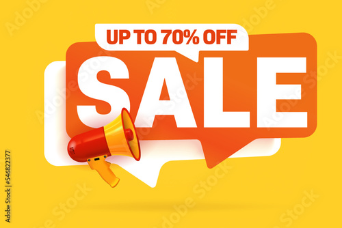 Sale up to 70 percent off promotion. Speech bubble sale sticker with megaphone announcing great discount wholesale vector illustration. Label, banner design element or badge design