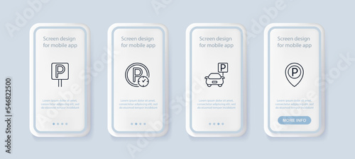 Parking set icon. Car, driver, drivers license, paid, free, dollar, time, clock, ticket, pass, talon, transport, roas sign, coupon. Road traffic concept. Ui phone app screen. Neomorphism style