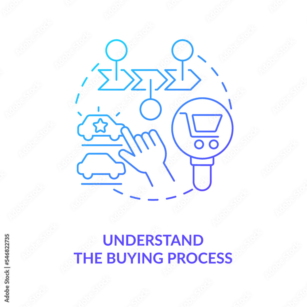 Understand buying process blue gradient concept icon. Brand promotion. Getting clients for business abstract idea thin line illustration. Isolated outline drawing. Myriad Pro-Bold font used Understand buying process blue gradient concept icon. Brand promotion. Getting clients for business abstract idea thin line illustration. Isolated outline drawing. Myriad Pro-Bold font used