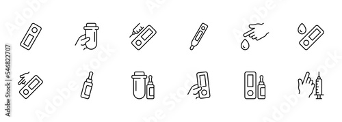 Medical tests set icon. Covid 19, coronavirus, virus, pregnancy, take a test, liquid, test tube, flu, measles, chickenpox, finger, syringe, blood, result. Healthcare concept. Vector line icon