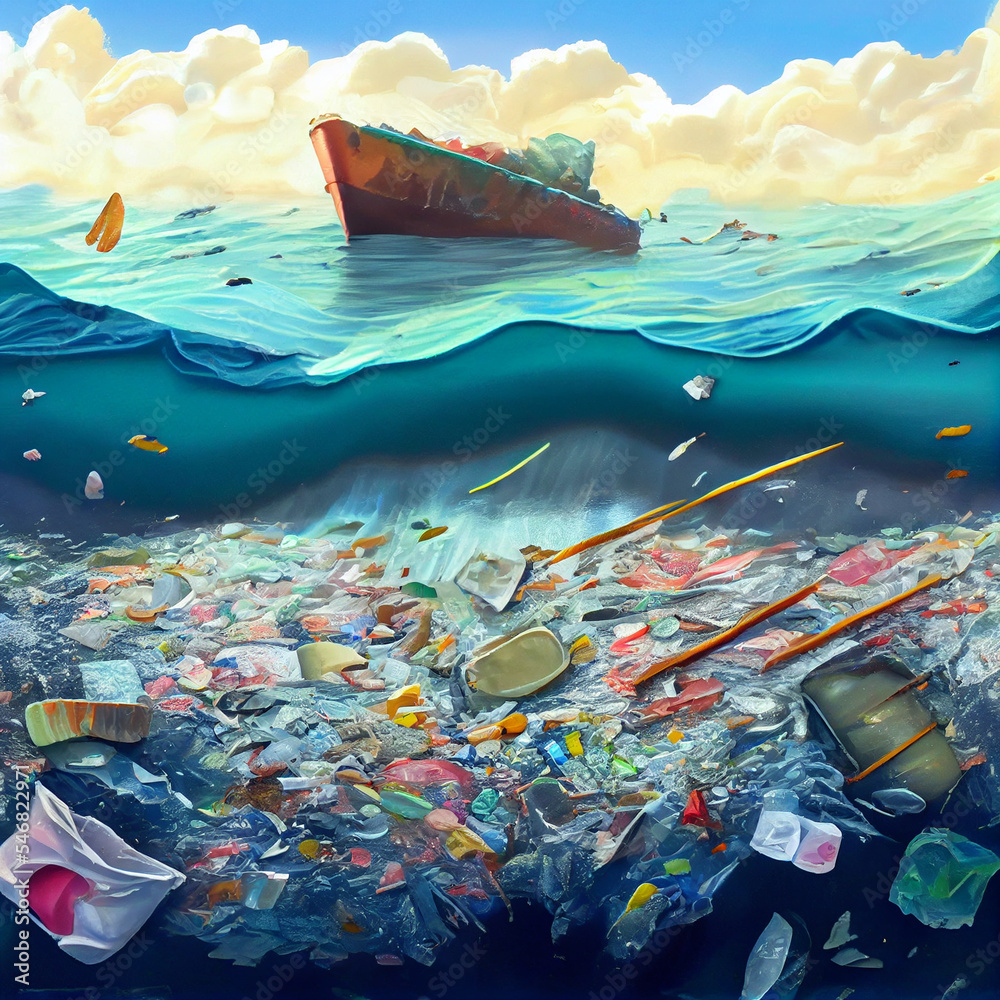 Ocean Floor Pollution Full of Trash and Plastic Waste Illustration, Plastic Pollution In Ocean