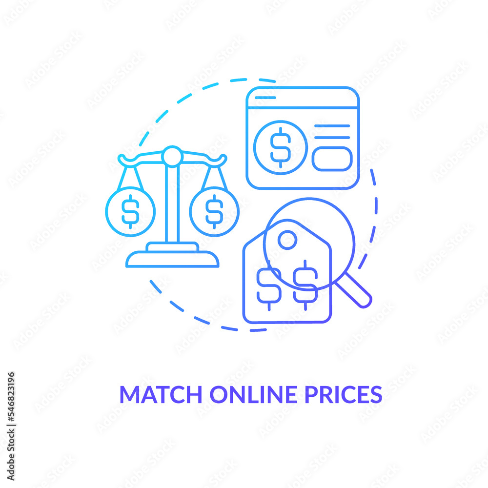 Match online prices blue gradient concept icon. Improve client experience. Find consumers to retail point way abstract idea thin line illustration. Isolated outline drawing. Myriad Pro-Bold font used Match online prices blue gradient concept icon. Improve client experience. Find consumers to retail point way abstract idea thin line illustration. Isolated outline drawing. Myriad Pro-Bold font used