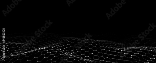 Futuristic hexagon dynamic wave on black background. Futuristic honeycomb concept. Digital technology webflow. Big data visualization. Vector illustration.