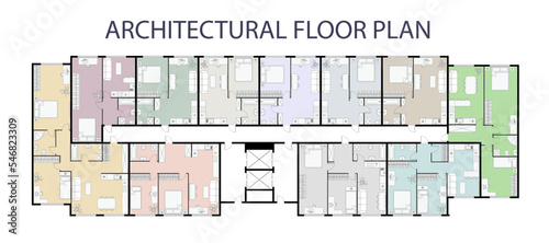 Floor plan. Architectural apartment project. One, two bedroom apartment. Interior design elements kitchen, bedroom, bathroom with symbols furniture. Vector architecture 2d floor plan.