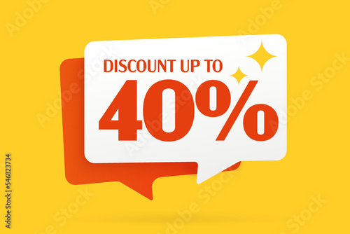 Sale label with 40 percent discount. Retail marketing promotion campaign and special price clearance concept. Sale label or sticker banner with speech bubble design and promo text vector illustration
