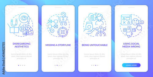 Clients attraction mistakes blue gradient onboarding mobile app screen. Walkthrough 4 steps graphic instructions with linear concepts. UI, UX, GUI template. Myriad Pro-Bold, Regular fonts used