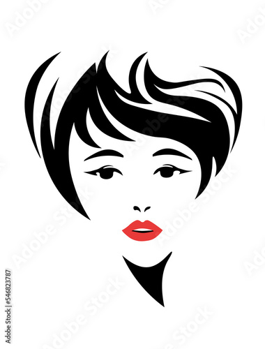cute woman face. Beautiful woman face with red lips, lush eyelashes, and short haircut. Beauty Logo. Vector illustration