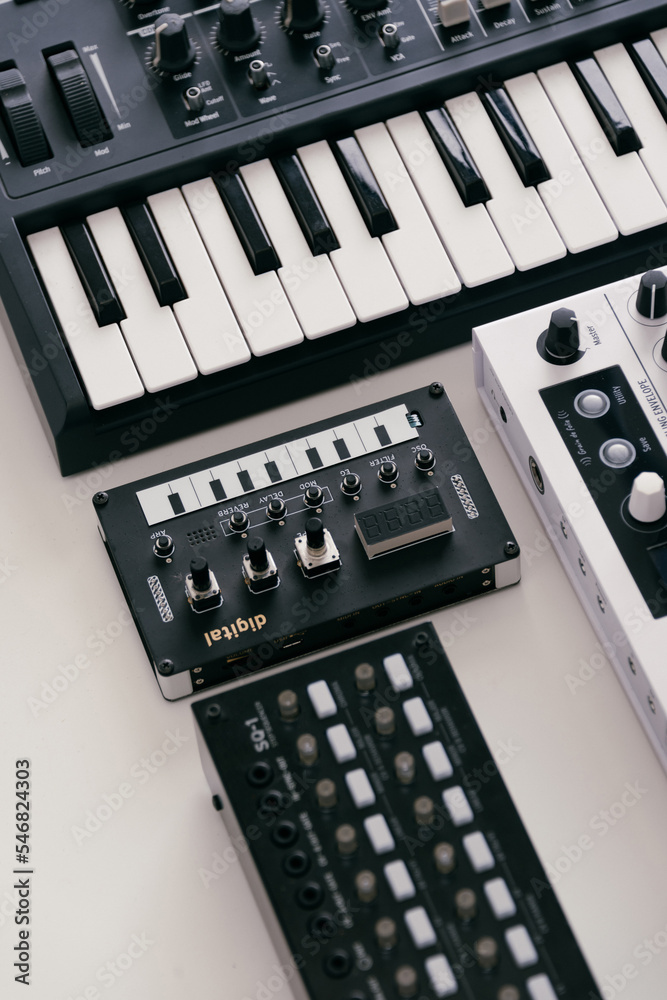 Synthesizers keyboards on white background