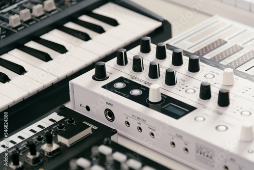 Synthesizers keyboards on white background