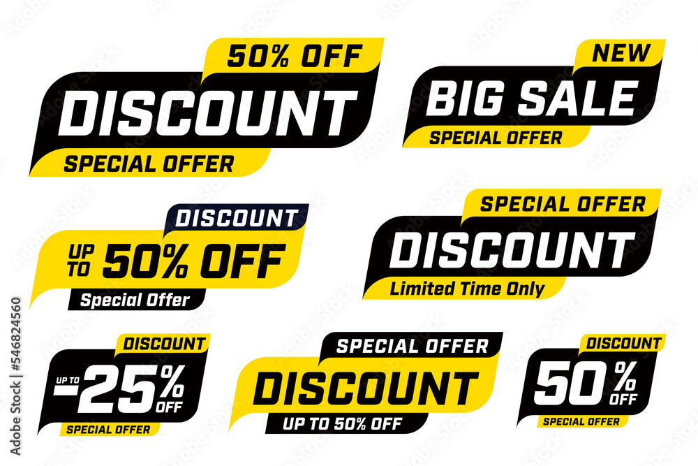 Special offers and sale discounts stickers set. Shopping business events advertising stickers design collection. Big sale promotion labels template vector illustration