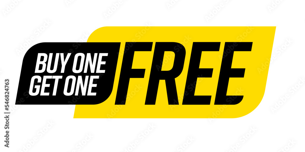 Buy one, get one free special offer label. Sale retail business promotion sticker. Marketing advertising black and yellow label template vector illustration