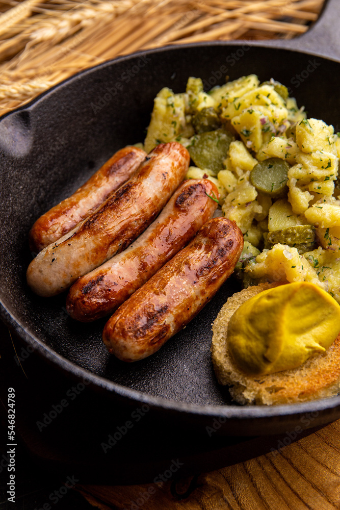 German sausages with pasta and mustard