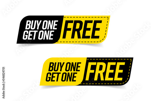 Buy one, get one free special offer sticker set. Sale discount promotion label templates. Web shop business event black and yellow tags vector illustration