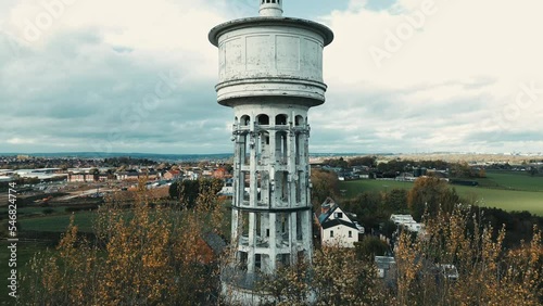 Aerial footage of the landmark known as Gawthorpe Water Tower from Chidswell Lane. The Gawthorpe Water Tower built in the 1920s and stands on one of the highest points in Osset, West Yorkshire, UK photo