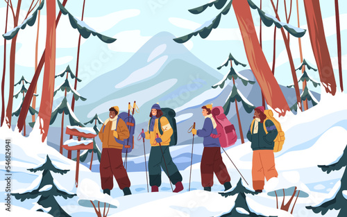 Winter alpinism or hiking, alpine view, vector