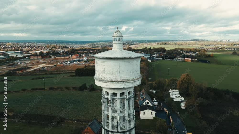 Aerial footage of the upper sections of Gawthorpe Water Tower from