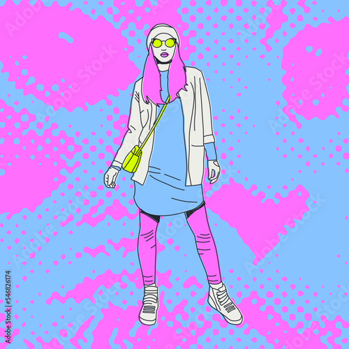 Female cartoon character in fall winter look. Flat colored vector illustration. Stylish girl in trendy accessories 