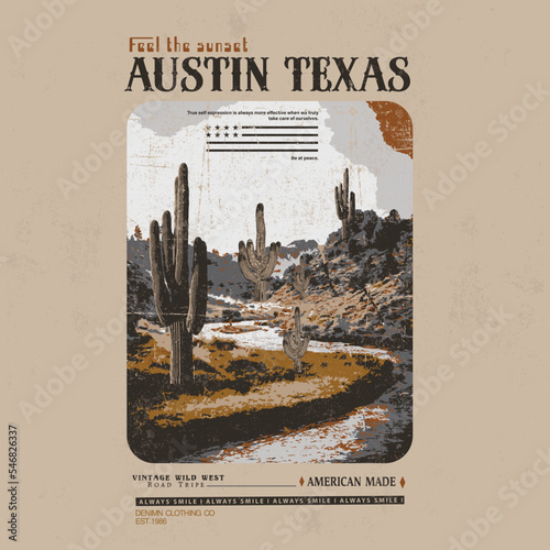 Desert in Austin Texas, Texas Desert state graphic print artwork for apparel, t shirt, sticker, poster, wallpaper and others.