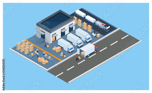 3D isometric Warehouse Logistic concept with Workers loading products on the trucks, Transportation operation service, Export, Import, forklift, pallets, cardboard boxes. Vector illustration EPS 10