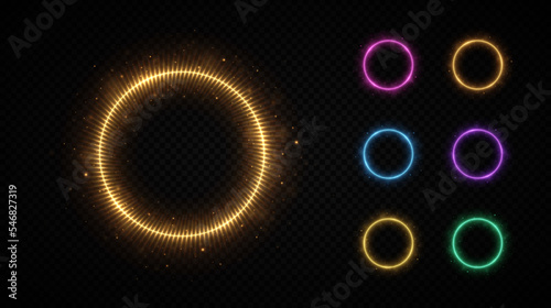 Colorful neon frames with lights effects. Abstraction neon glowing circles on dark background. Set of color rings.