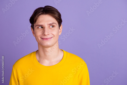 Photo of pensive minded guy look empty space decide decisions isolated bright color background