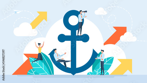 Business trends forecast. Confidence. Leadership qualities in the creative team, direction on the successful path, teamwork on the start up, confident approach to work. Vector business illustration