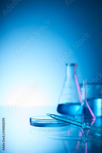 flask with blue liquid in laboratory