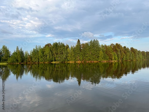 Forest trees reflection on the lake surface, lake mirror, quiet peaceful atmosphere, cloudy blue sky