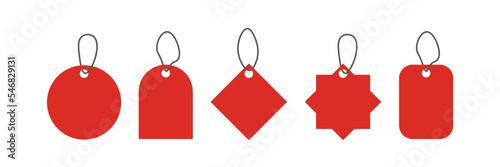 Paper price tags ,3d red set on white backdrop. blank icon . Price or label tags mockup template set. 10 EPS