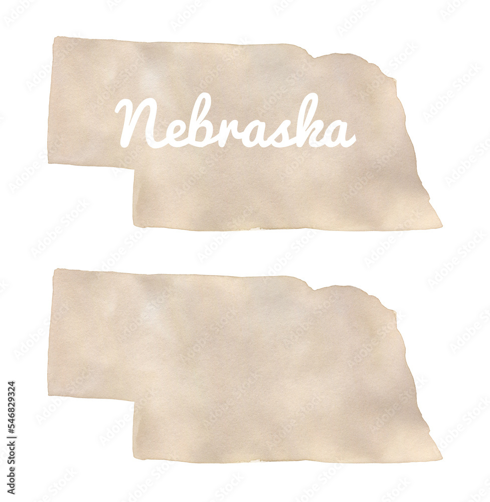 Watercolour illustration set of Nebraska State Map Silhouette in beige color. Two variations: blank and with text. Hand painted water colour drawing on white, cut out clip art elements for design.