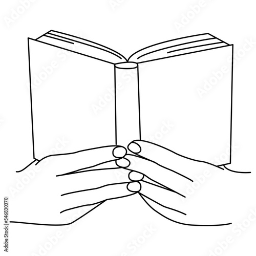 Hands holding a book in vector linear illustration