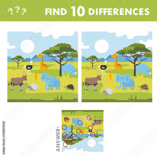 Find the 10 difference. Funny animals on the background of African landscape. Vector illustration of a game for children