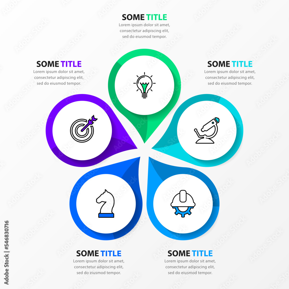 Infographic template. 5 circles pointing to the center with icons