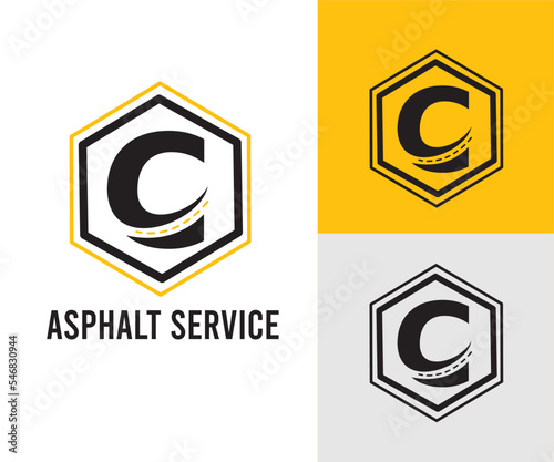 Initial C Letter with asphalt and paving symbol for asphalt logo and transport business design template