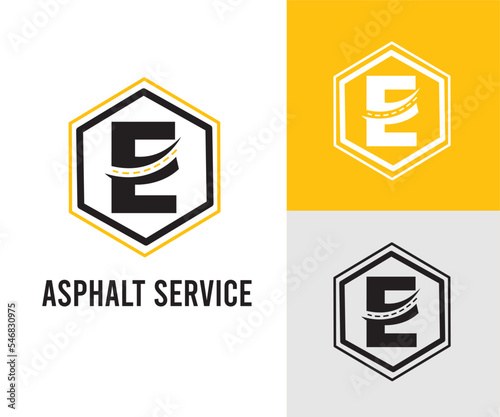 Initial E Letter with asphalt and paving symbol for asphalt logo and transport business design template