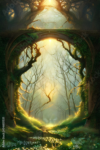 An old enchanted magical bridge covered with ivy leaves over a river framed by trees and branches in the forest with sunlight in the foliage from behind - Book cover - fantasy - fairy tale 