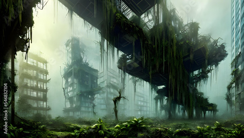 rotten / decayed boat / yacht, overgrown with vegetation and hanging vines in a post-apocalyptic tropical forest landscape, hazy and misty atmosphere - painted - concept art 