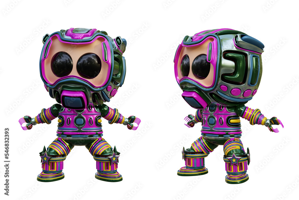 3D RENDERING PNG ILLUSTRATION. CUTE DESIGN ROBOT CYBORG ANDROID CHARACTER ISOLATED WHITE BACKGROUND. SPACEMAN ASTRONAUT CARTOON METAL PLASTIC AI MACHINE TECHNOLOGY GAME MODEL FIGURE ART TOY.