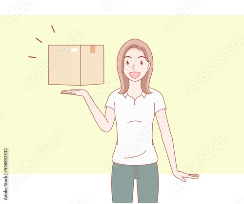 smiling long hair woman wearing collar t shirt she raised and open hand palm showing parcel box. girl looked excited and surprised. hand drawn with thin 
lines style.