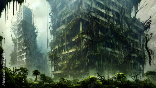 rotten   decayed city skyline with skyscrapers  overgrown with vegetation and hanging vines in a post-apocalyptic tropical forest landscape  hazy and misty atmosphere - painted - concept art 
