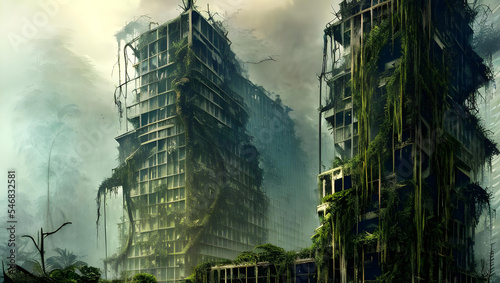 rotten / decayed city skyline with skyscrapers, overgrown with vegetation and hanging vines in a post-apocalyptic tropical forest landscape, hazy and misty atmosphere - painted - concept art 