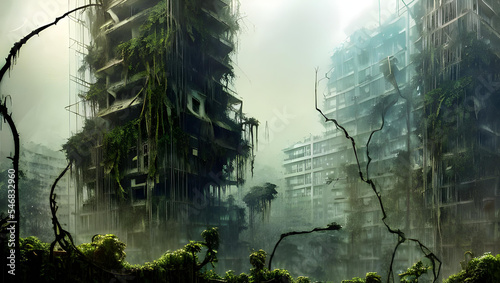 rotten / decayed city skyline with skyscrapers, overgrown with vegetation and hanging vines in a post-apocalyptic tropical forest landscape, hazy and misty atmosphere - painted - concept art  © 39